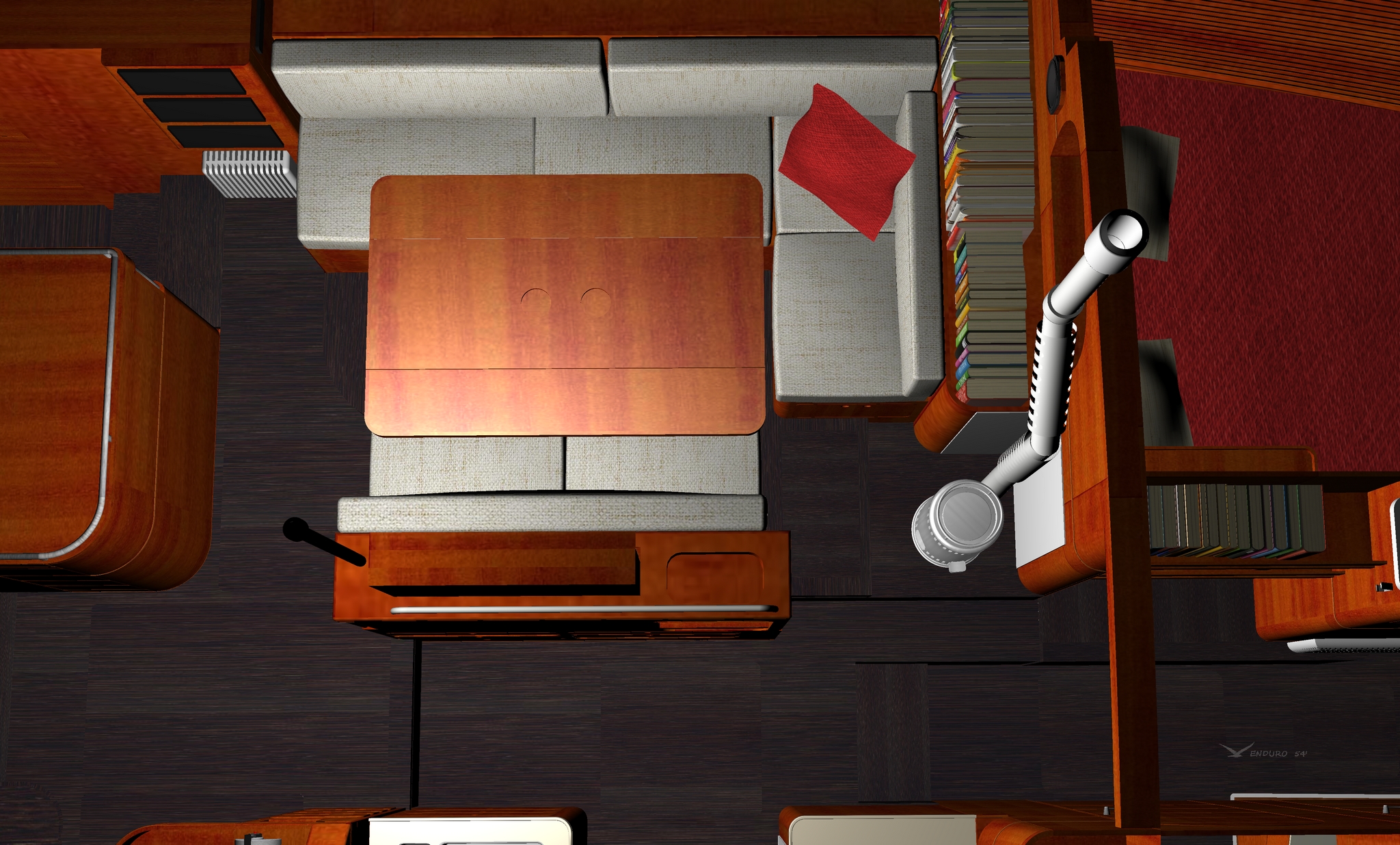 Saiboat saloon with Refleks stove and book shelves