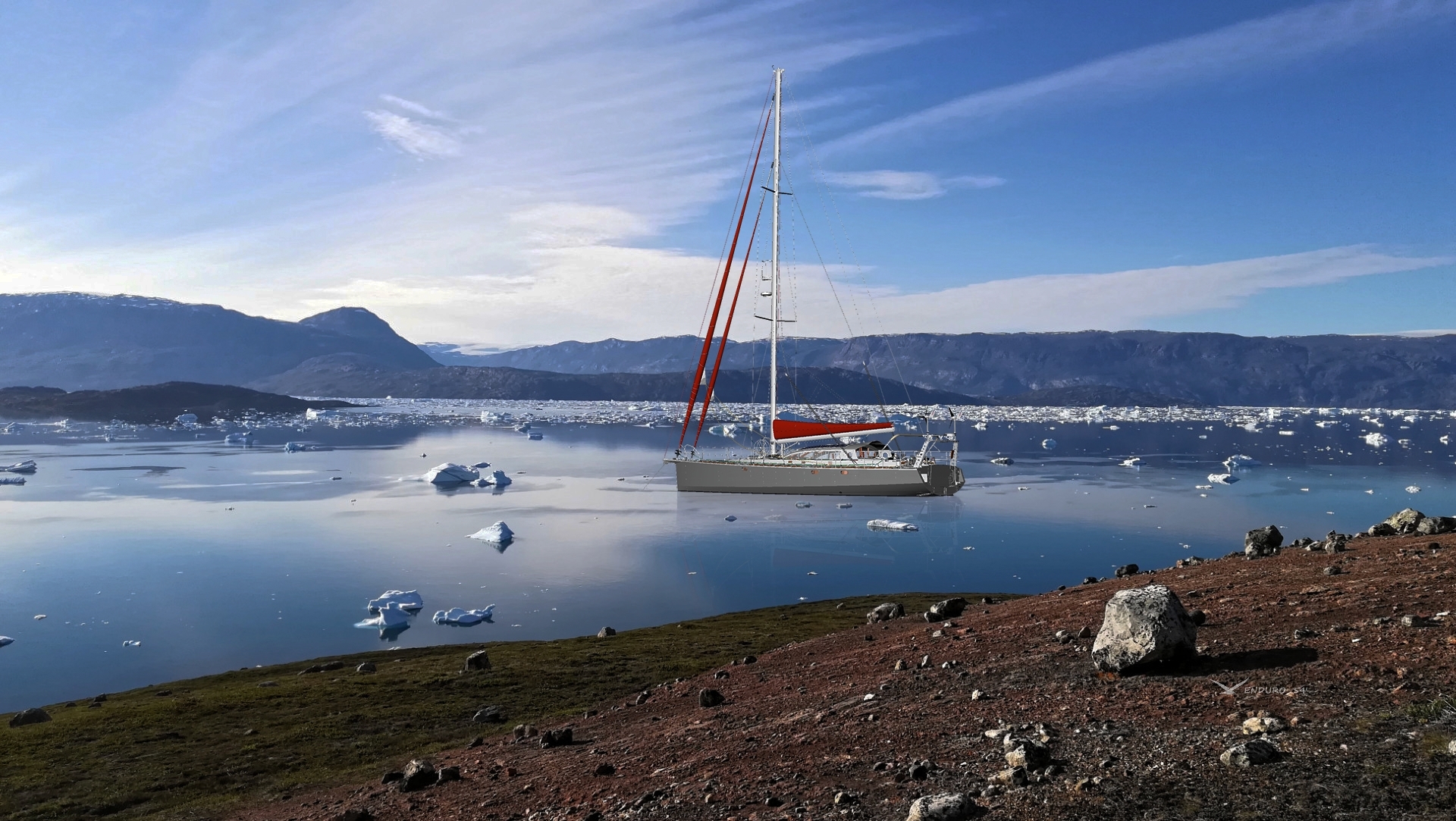 Sailboat at anchor in arctic ices