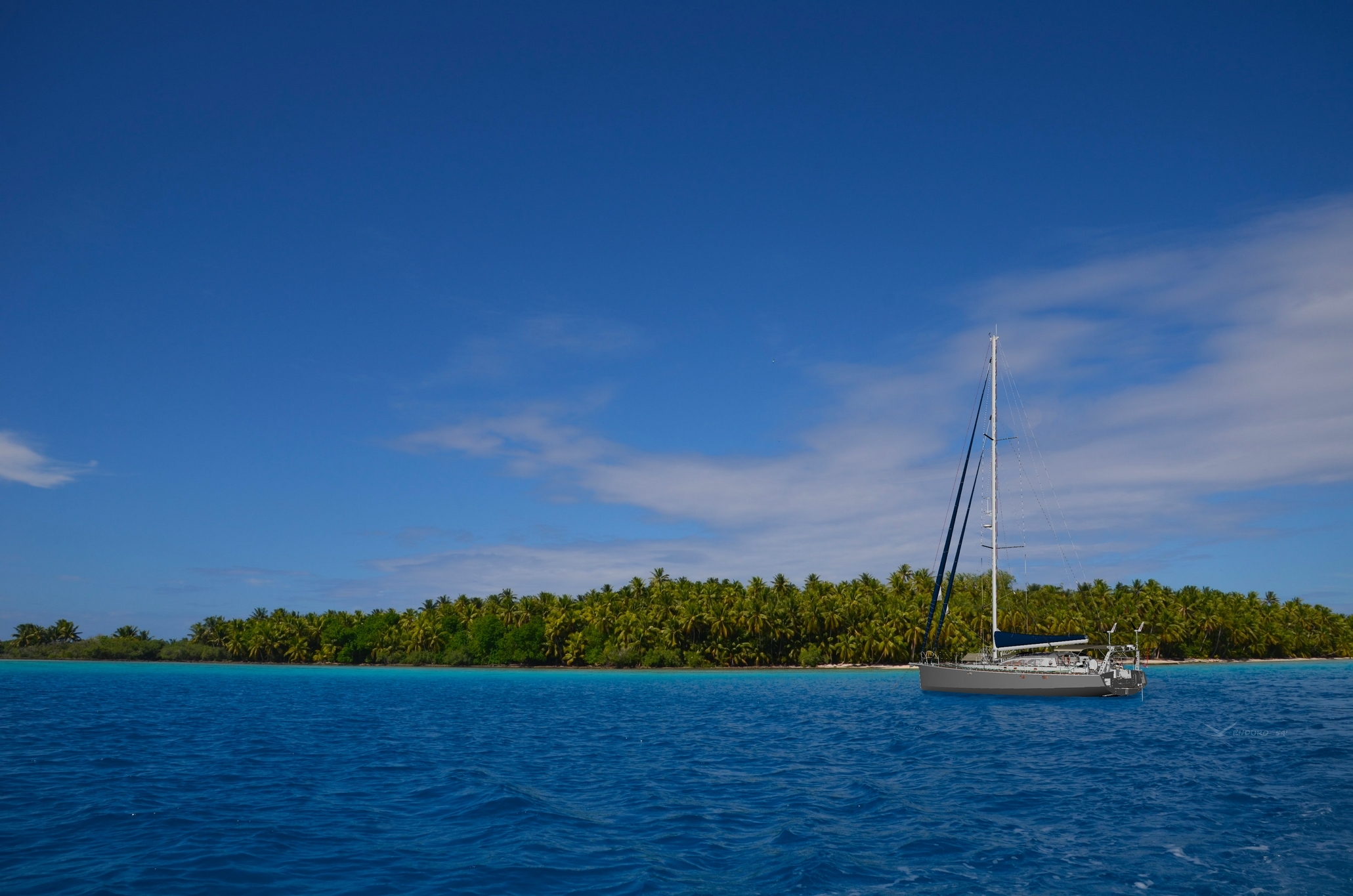 Aluminium sailboat at anchor pacific atoll