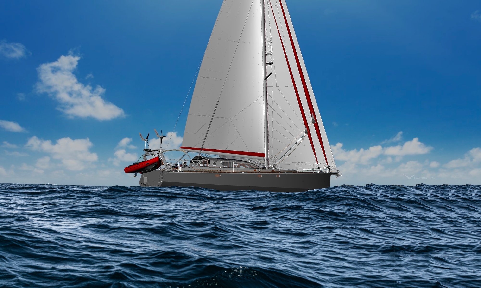 voilier de grand voyage avec annexe sur portique