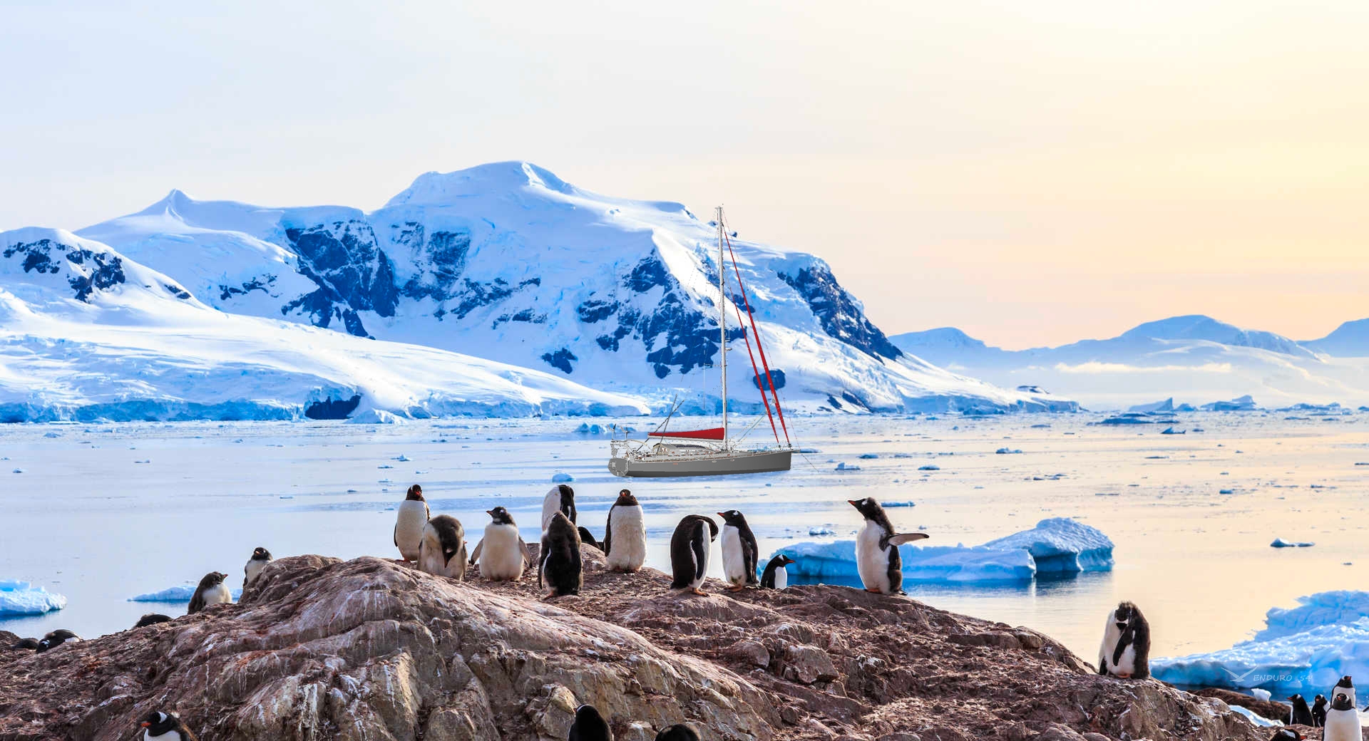 Voilier aluminium au mouillage en Antarctique